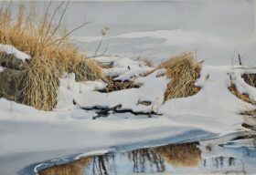 Melting Ice on Beaver Pond ~ w/c on paper ~ !9 x 27 in image size